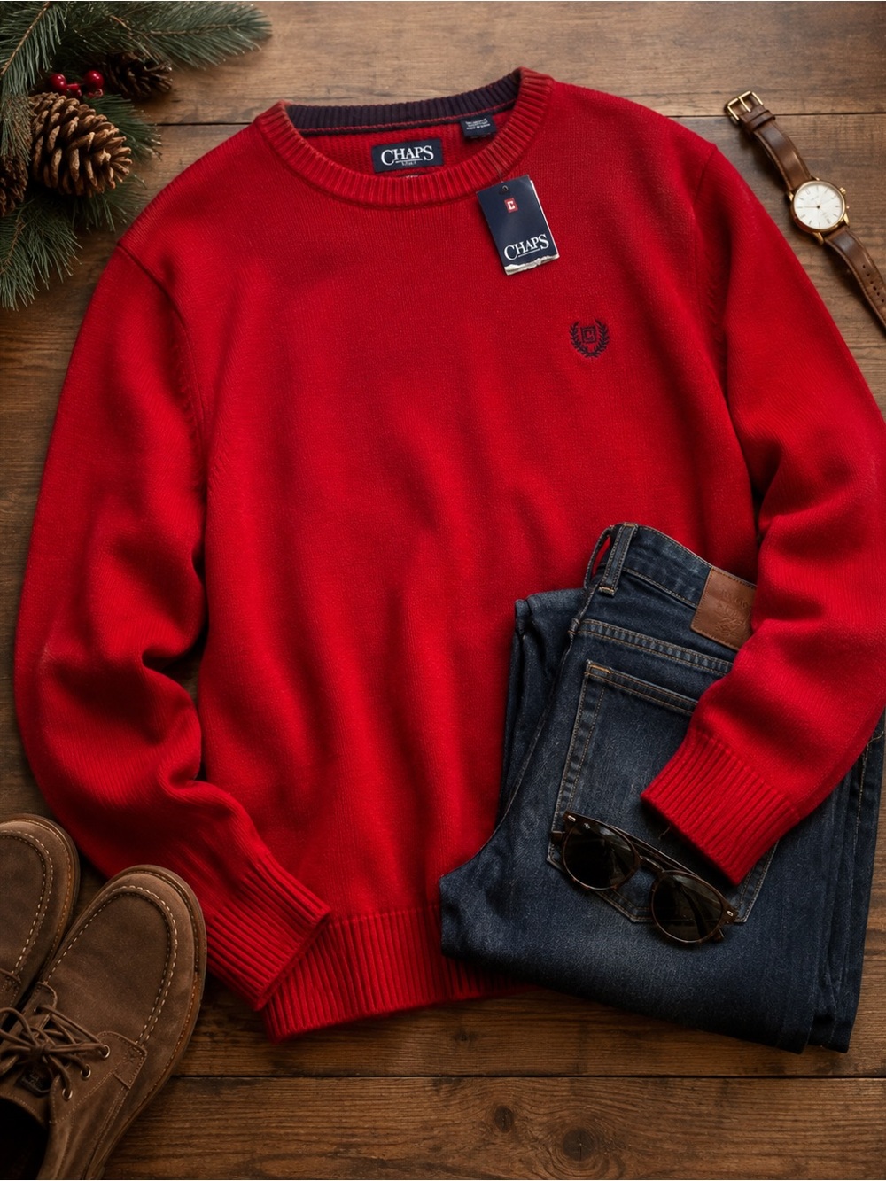 Chaps Men's Red Crewneck Sweater with Embroidered Logo